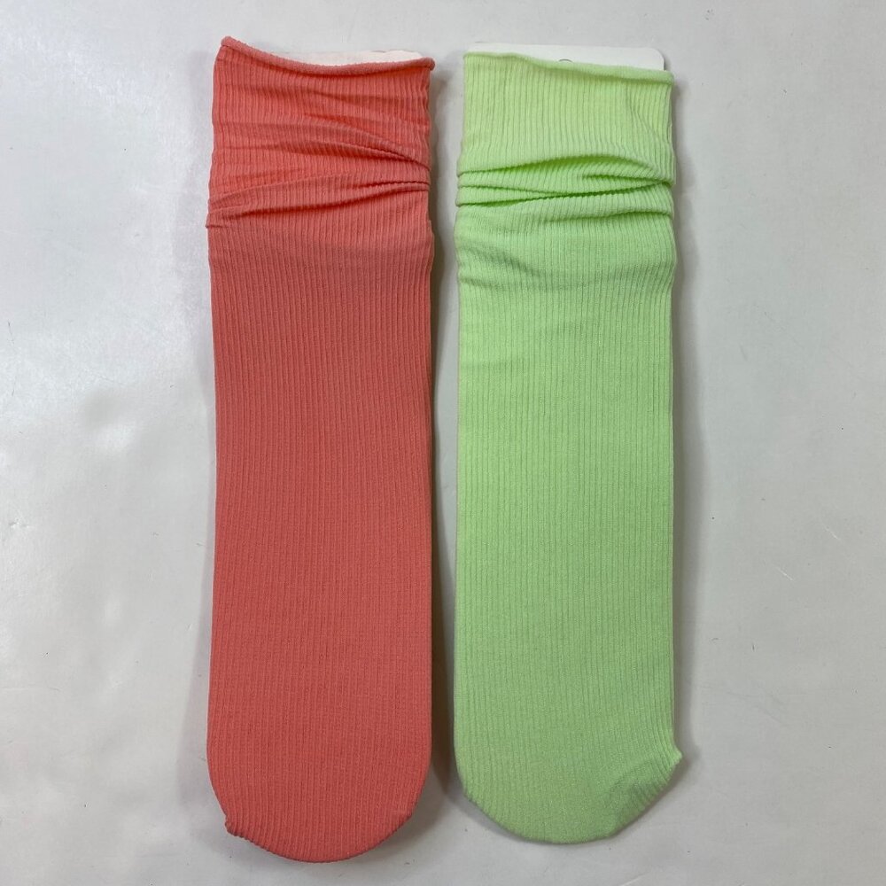 Womens Crew Socks Set 2 Coral Orange Green Soft Ribbed Knit